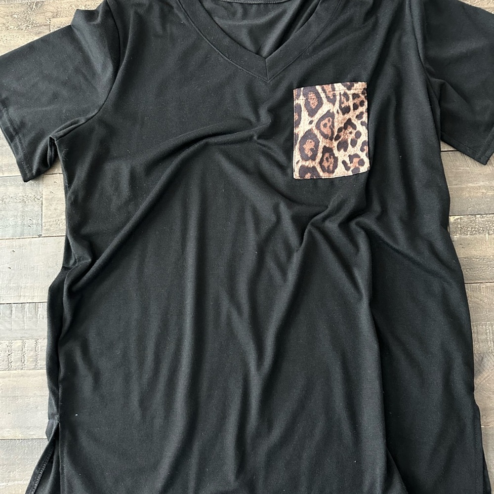 Black Short Sleeve Top with Leopard Pocket